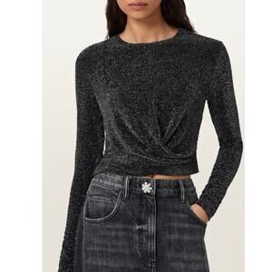 ALLSAINTS Skylar Draped Metallic Top Women’s Small Black Long Sleeve NWT